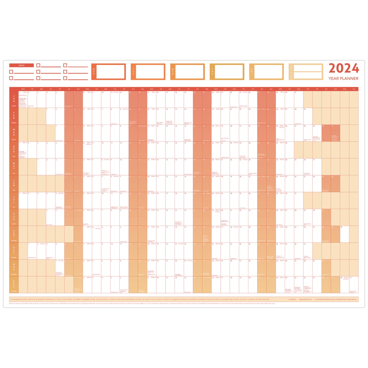 2024 GIANT YEAR WALL CHART AND HOLIDAY PLANNER