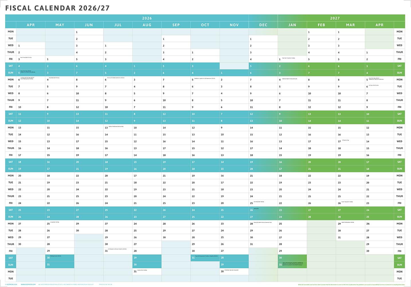 Tax Planner - 2026/27 Fiscal Wall Planner - Green (Giant 119x93cm)