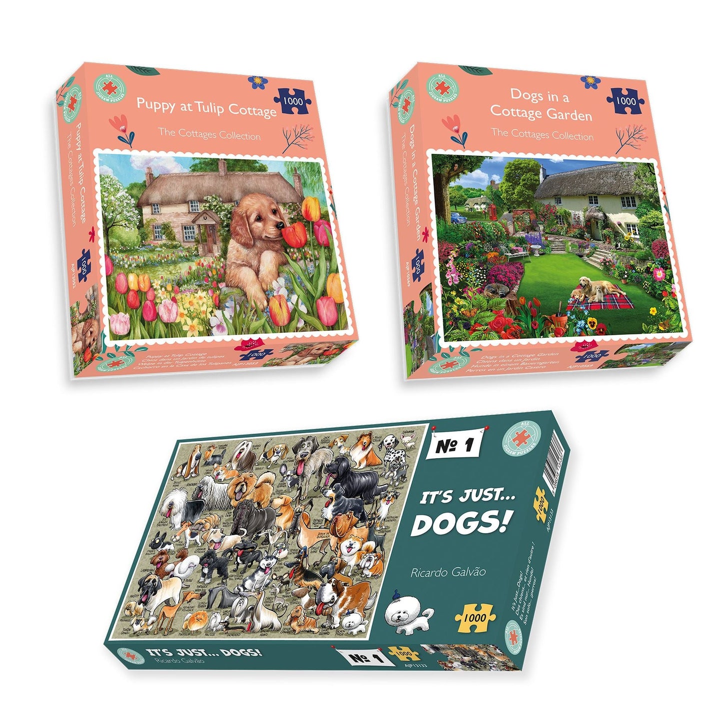 Dogs Galore 3 x 1000 Piece Jigsaw Puzzle Set boxes